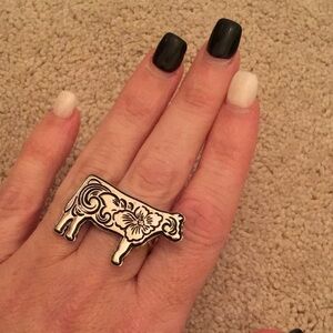 Silver Western Themed Flower Engraved Cow Cuff Ring